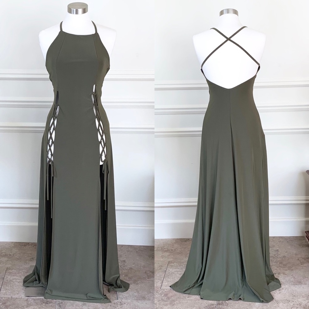Last 1! Olive Lace Up High Slit Criss Cross Maxi Dress - Picture 8 of 8